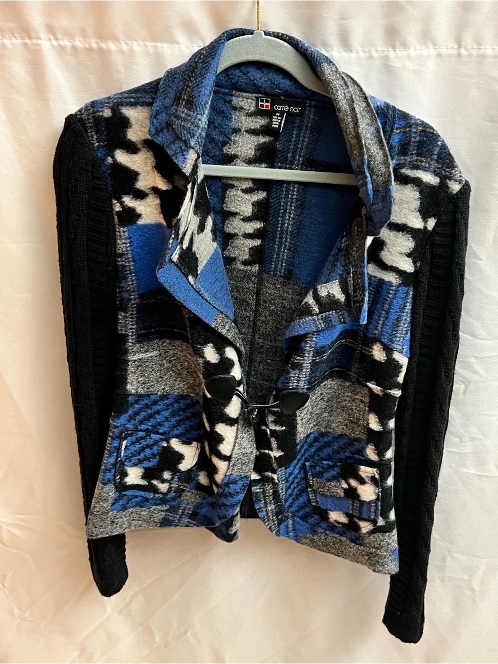Carré Noir Women’s M Blue Black Patchwork Plaid Knit Jacket Cardigan